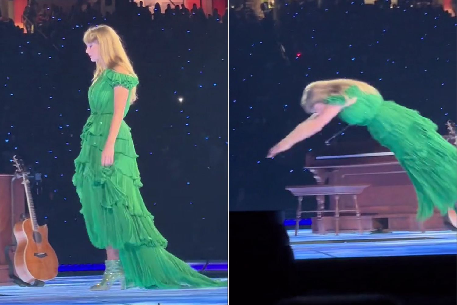 Disappearing in the most extravagant way, Taylor left fans in the audience in awe as they watched the stunt unfold - with many taking to social media to share their shock: One fan even jested that the multi award-winning star was now hoping for an 'olympic medal'
